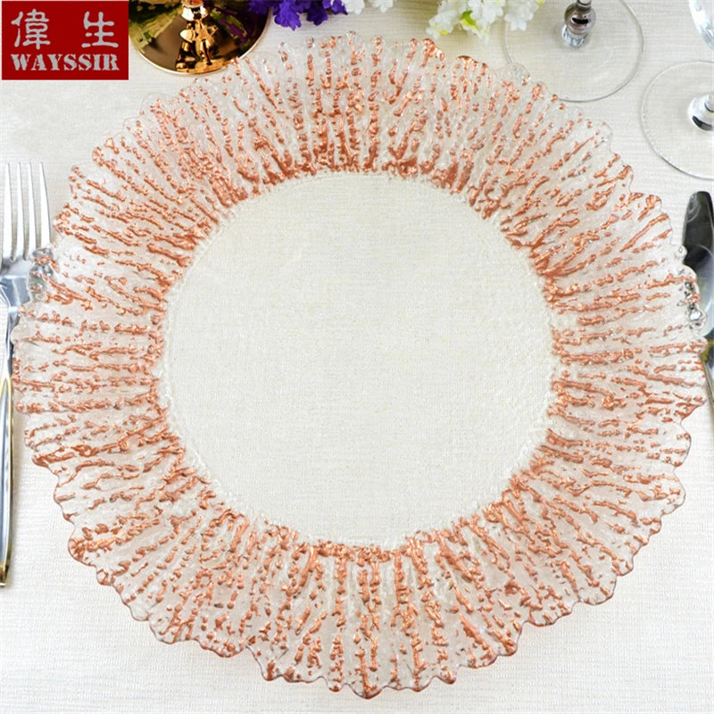 Flower Shaped Gold Silver Decal Rim, Transparent Glass Charger Plate, Wedding Party Decoration, Tableware Tray, Show Plate