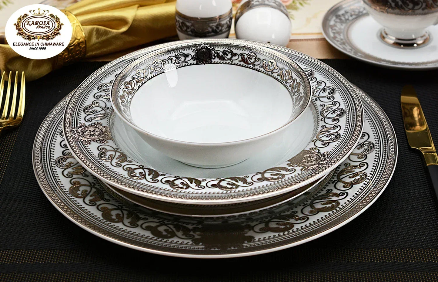 Bone China platinum decoration design tableware porcelain Dinner Soup Plate Gold Rim Dishes and bowl Set