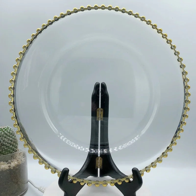 1pcs Premium Clear Plastic Charger Plates with Gold Beads Rim, Decorative Service Plate for Party, Wedding and Events