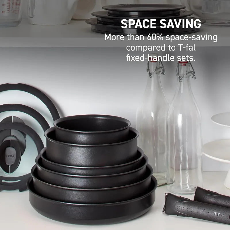 T-fal Ingenio Expertise Non Stick Cookware Set 14 Piece, Induction Oven Broiler Safe 500F, Pots, Pans, Fry Pans, Saucepans,Black