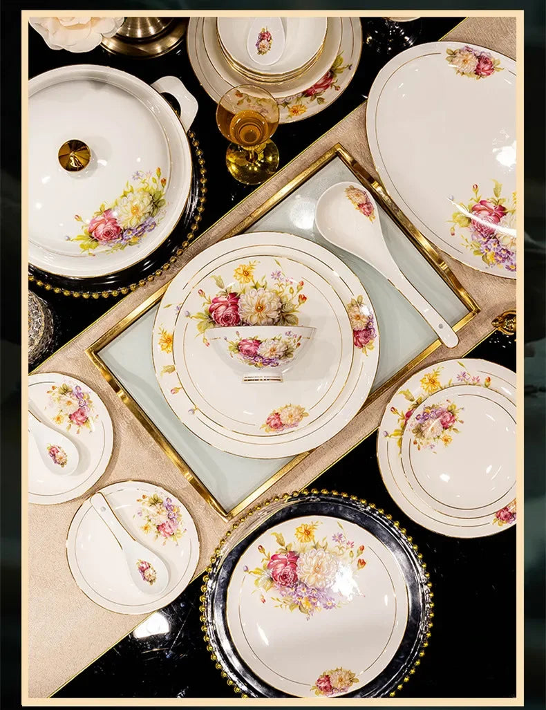60pcs European Style Dinnerware Sets Luxury Bone China Tableware Sets Bowl Spoon Dinner Plate Set Kitchen Utensils Dinner Set