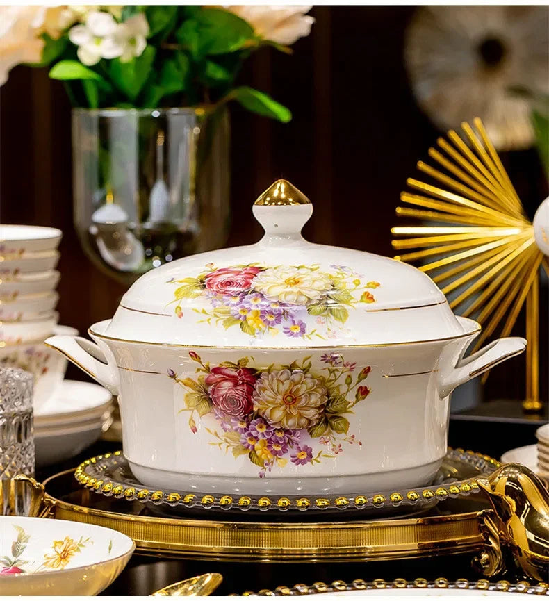 60pcs European Style Dinnerware Sets Luxury Bone China Tableware Sets Bowl Spoon Dinner Plate Set Kitchen Utensils Dinner Set