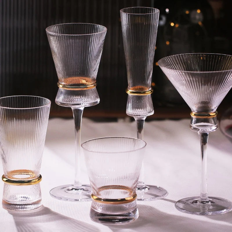 Gold Creative Vertical Gold Waist Line Goblet Champagne Glass Cocktail Glass Vertical Water Bottle Set Party Wedding Barware