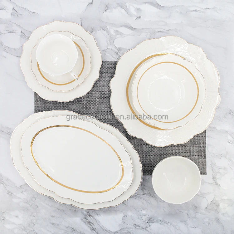 38 Pcs Royal White and Gold Line Ceramic Bone China Turkish Fine Porcelain Dinner Set Dinnerware Sets Luxury