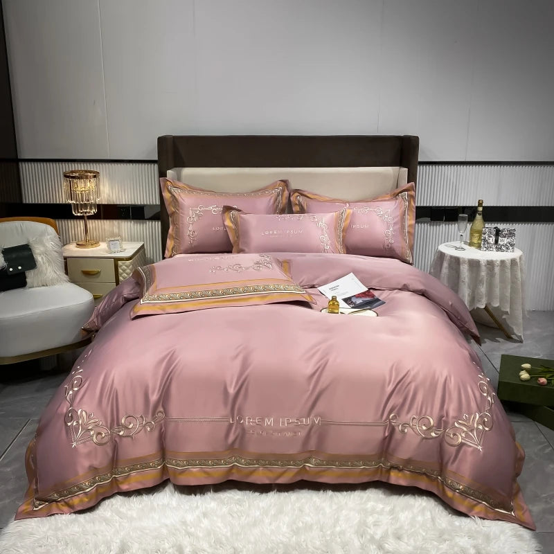 European Style Gold Edge Embroidered Bedding Set Luxury White Satin Cotton Duvet Cover Bed Sheets Pillowcases King Queen Size