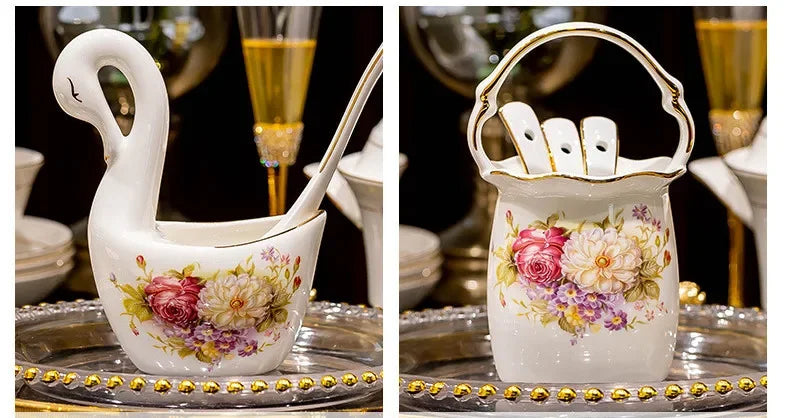 60pcs European Style Dinnerware Sets Luxury Bone China Tableware Sets Bowl Spoon Dinner Plate Set Kitchen Utensils Dinner Set