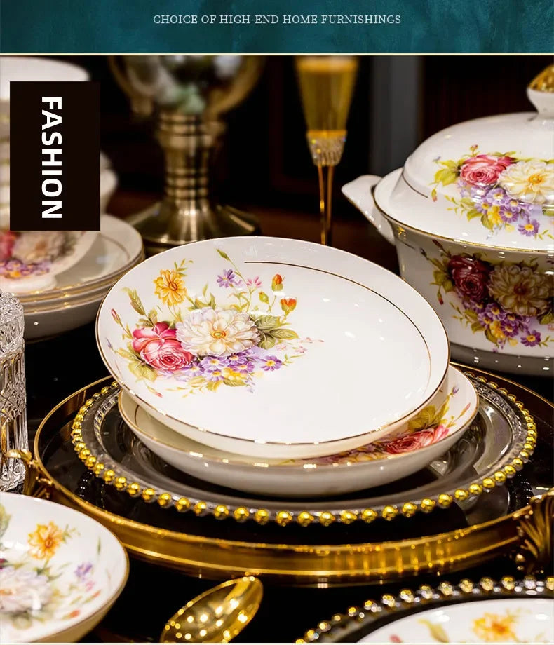 60pcs European Style Dinnerware Sets Luxury Bone China Tableware Sets Bowl Spoon Dinner Plate Set Kitchen Utensils Dinner Set