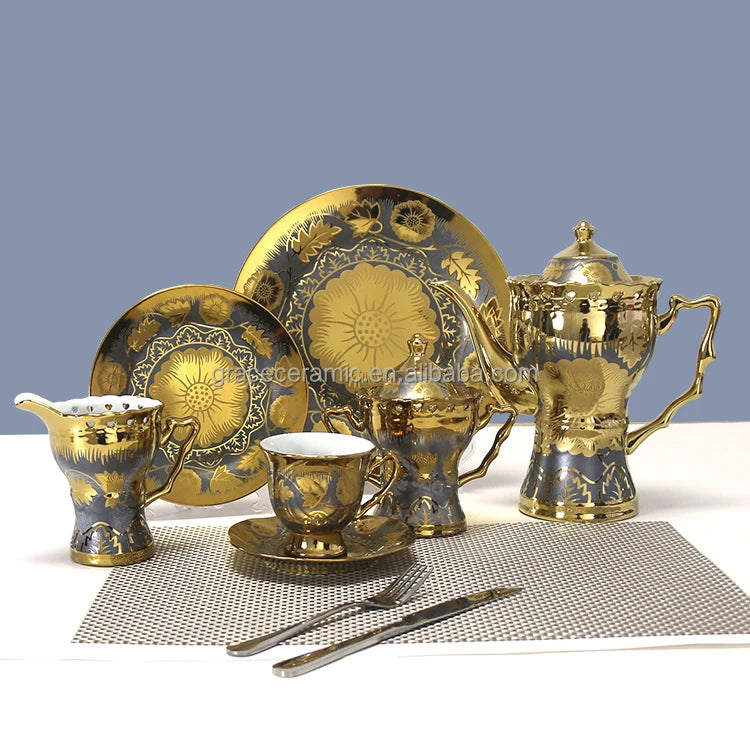 Hot Selling Home Restaurant Ceramic Pakistan Dubai Dinnerware Set 84 Pieces Fine Porcelain Dinner Set With Gold Plated Design