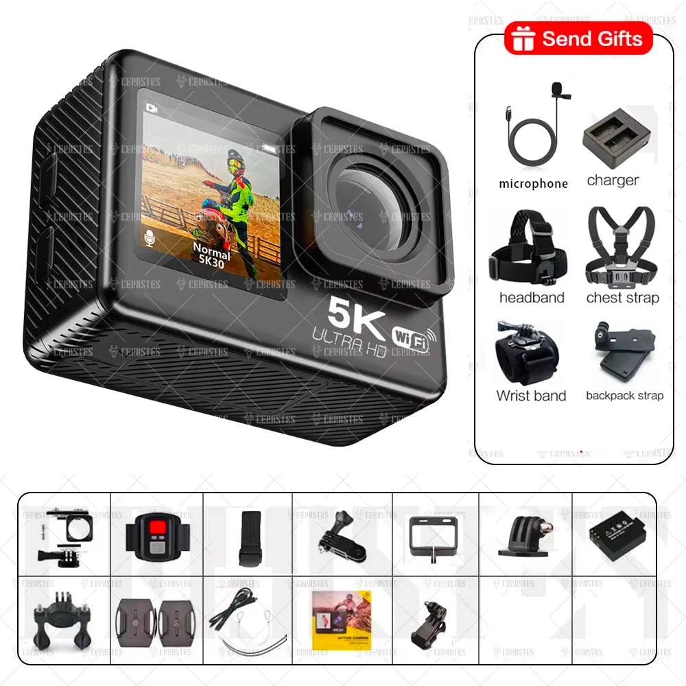 CERASTES Action Camera 5K 4K 60FPS WiFi Anti-shake Dual Screen 170° Wide Angle 30m Waterproof Sport Camera with Remote Control