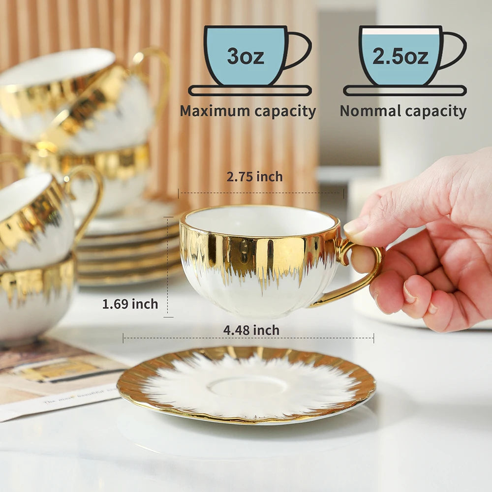 6 Sets, Ceramic Cups With Saucers, Espresso Cups and Saucers, Porcelain Coffee Cup and Saucer Set with Gold Trim, 2.5 oz Demitas