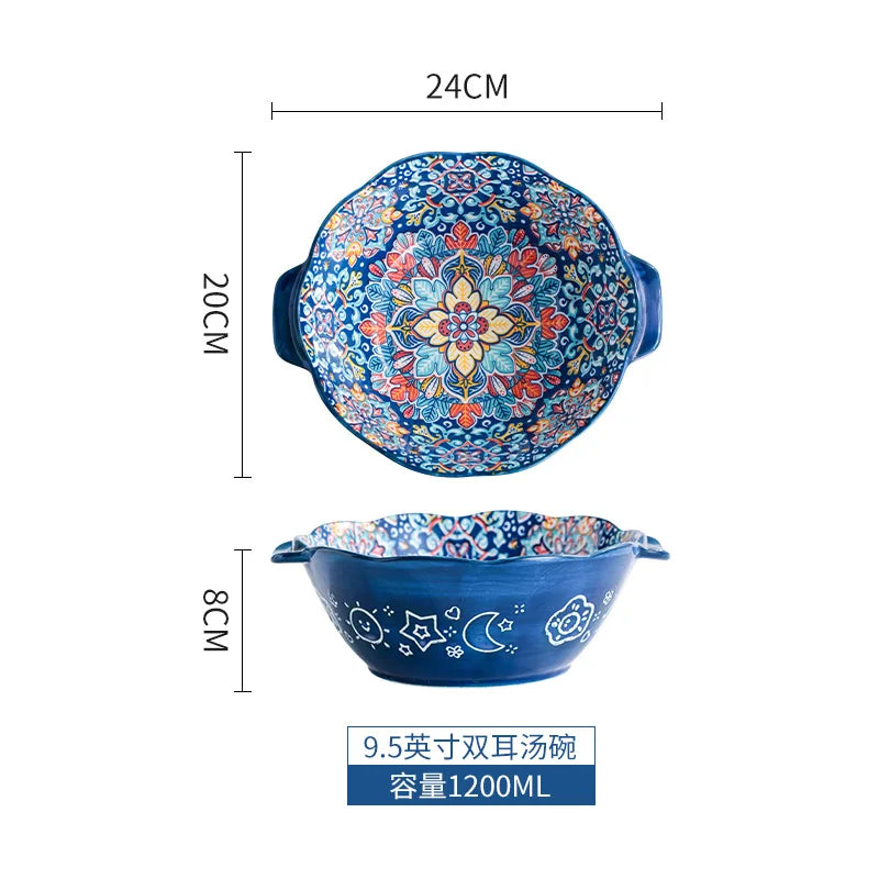 Baroque dish set Creative ceramic tableware Rice rice bowl soup noodles large bowl Household handle bowl Fish plate dish