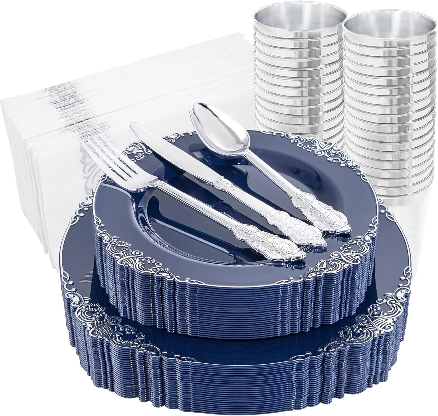 350pcs Plastic Plates - Gold Plastic Dinnerware Set Includes: 50 10.25”Dinner Plates,50 7.5” Dessert Plate, 50 Cups, 50 Napkin