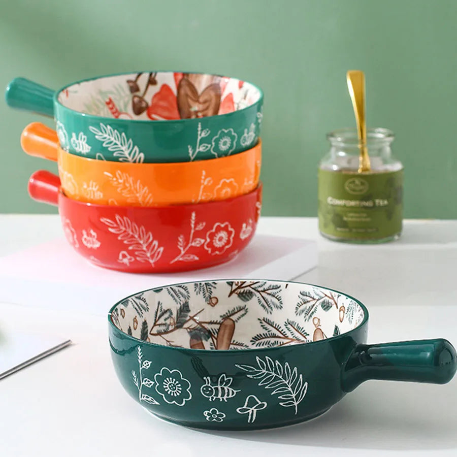 YWDL 500ml Round Ceramic Bakeware With Handle Forest Animals Baking Pan Underglaze Kitchen Tableware Salad Bowl Au Gratin Pasta