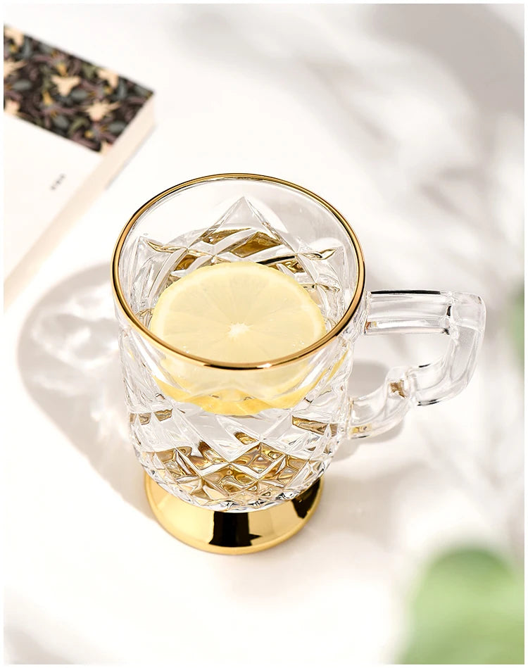 Gold Rimmed Tall Glass with Handle, Tall Beer Drinking Glass with Handle, Kitchen Bar, Barware, Drinkware Set, Light, Luxury
