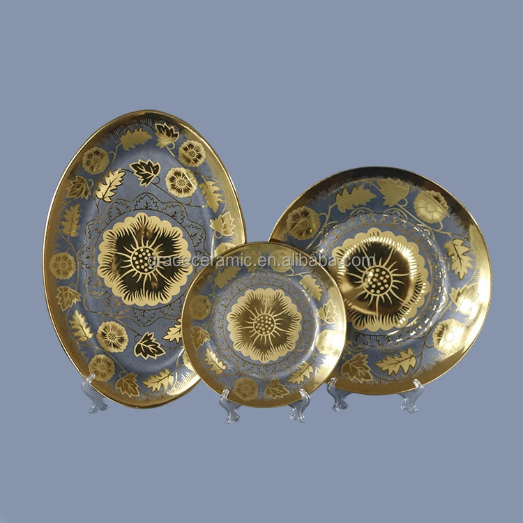 Hot Selling Home Restaurant Ceramic Pakistan Dubai Dinnerware Set 84 Pieces Fine Porcelain Dinner Set With Gold Plated Design