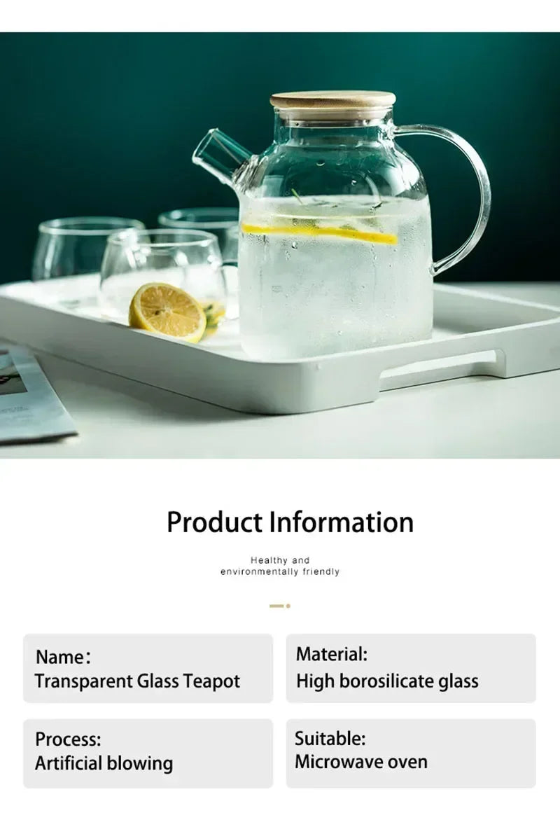 1.8L Transparent Borosilicate Glass Teapot Heat-Resistant Large Clear Tea Pot Flower Tea Set Puer Kettle Cup Office Home Tool