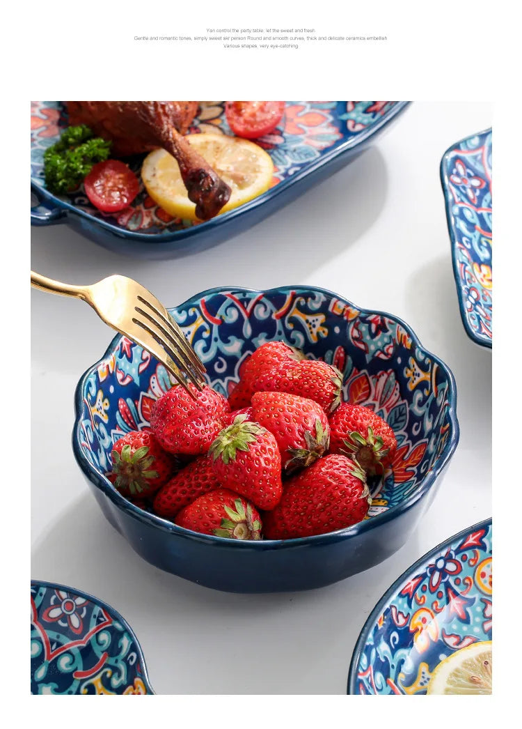 Baroque dish set Creative ceramic tableware Rice rice bowl soup noodles large bowl Household handle bowl Fish plate dish