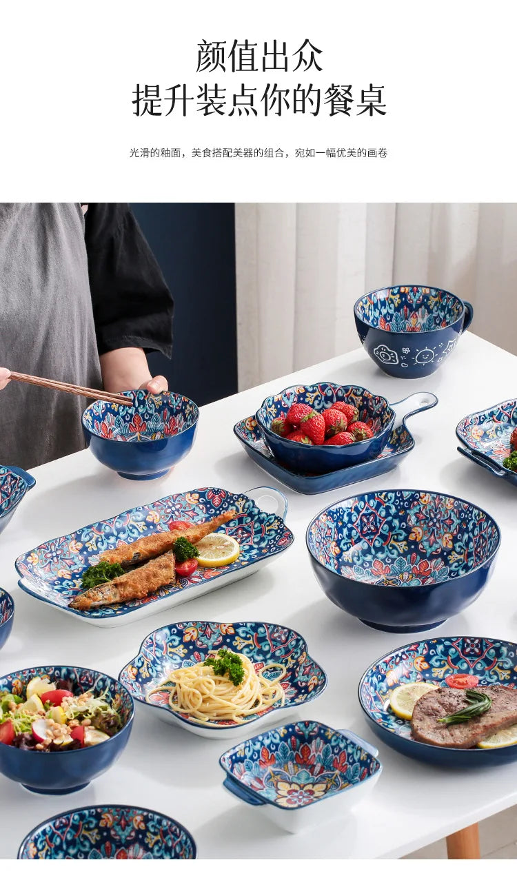 Baroque dish set Creative ceramic tableware Rice rice bowl soup noodles large bowl Household handle bowl Fish plate dish