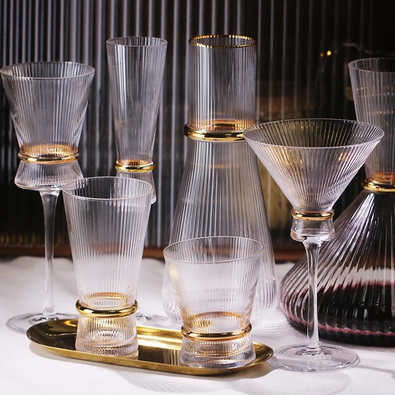 Gold Creative Vertical Gold Waist Line Goblet Champagne Glass Cocktail Glass Vertical Water Bottle Set Party Wedding Barware