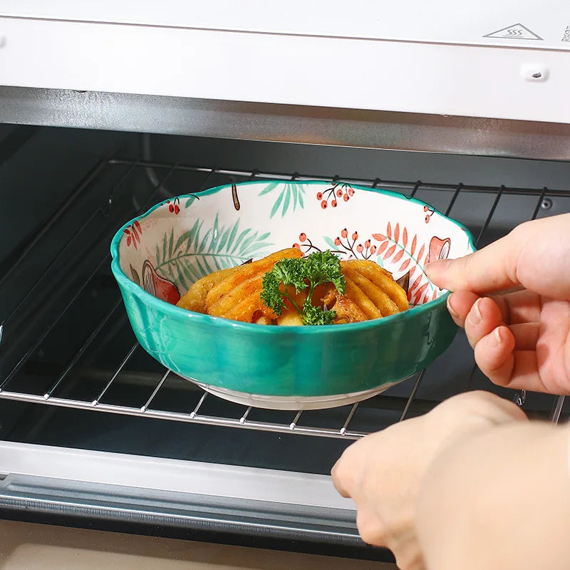 Ceramic Bakeware With Handle Forest Animals Baking Pan Underglaze Kitchen Tableware Salad Bowl Au Gratin Dishes
