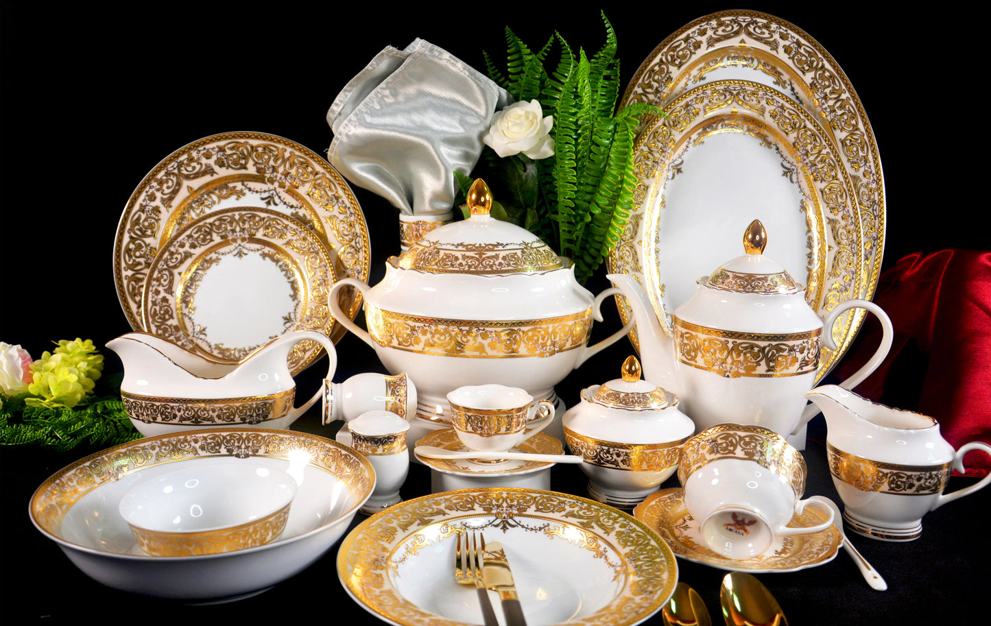 Bone China platinum decoration design tableware porcelain Dinner Soup Plate Gold Rim Dishes and bowl Set