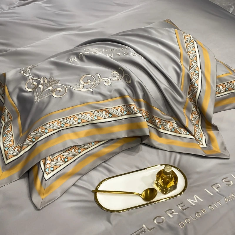 European Style Gold Edge Embroidered Bedding Set Luxury White Satin Cotton Duvet Cover Bed Sheets Pillowcases King Queen Size