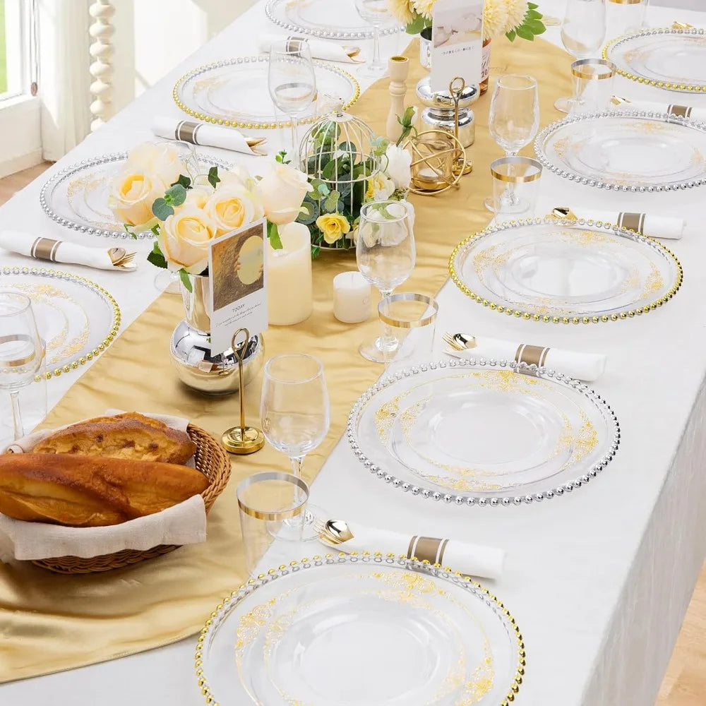 350pcs Plastic Plates - Gold Plastic Dinnerware Set Includes: 50 10.25”Dinner Plates,50 7.5” Dessert Plate, 50 Cups, 50 Napkin