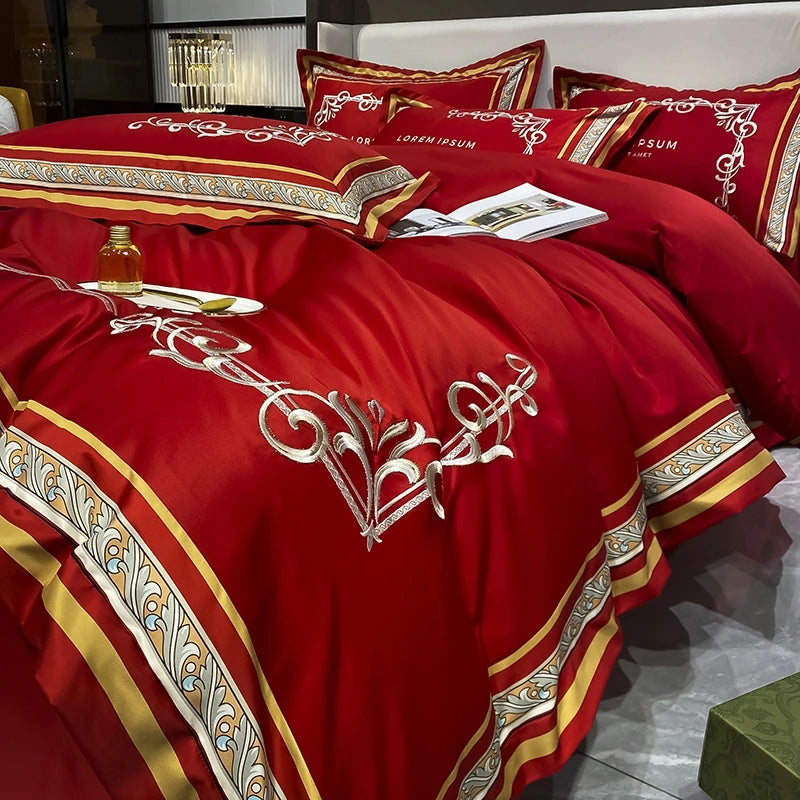 European Style Gold Edge Embroidered Bedding Set Luxury White Satin Cotton Duvet Cover Bed Sheets Pillowcases King Queen Size