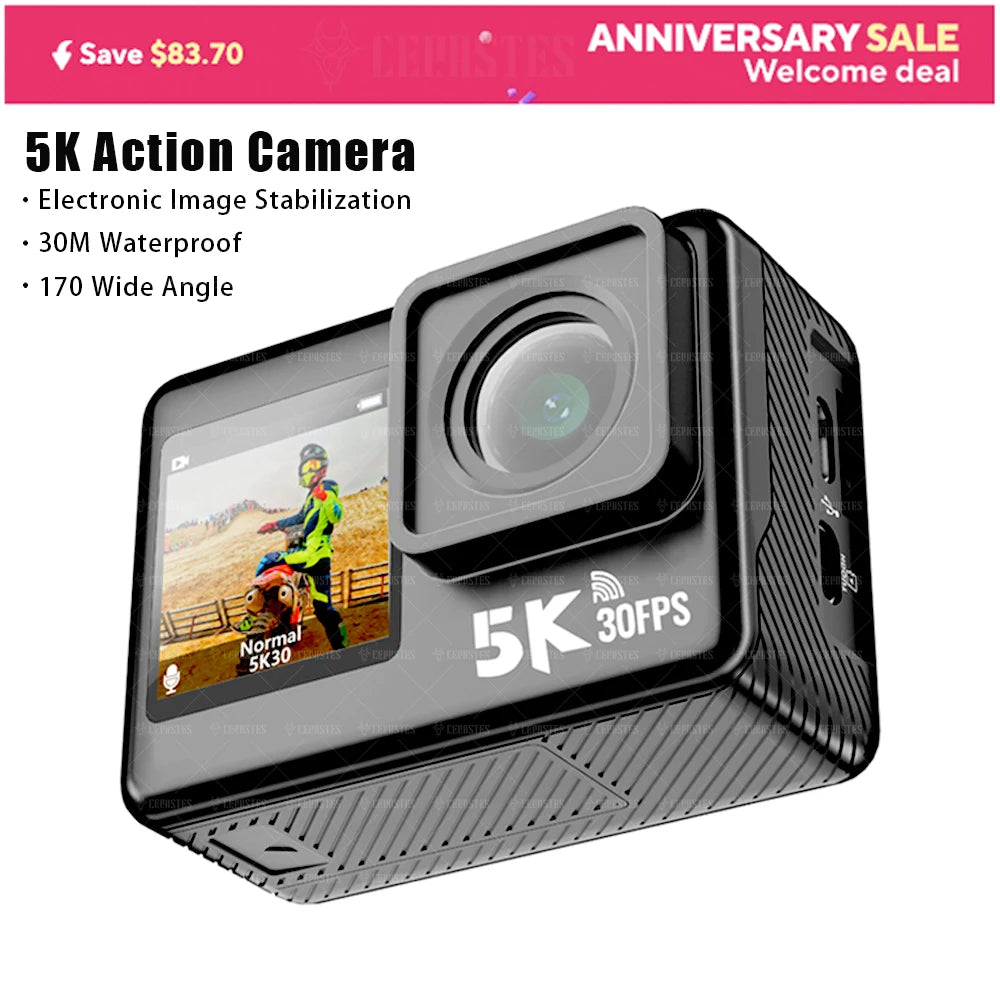 CERASTES Action Camera 5K 4K 60FPS WiFi Anti-shake Dual Screen 170° Wide Angle 30m Waterproof Sport Camera with Remote Control
