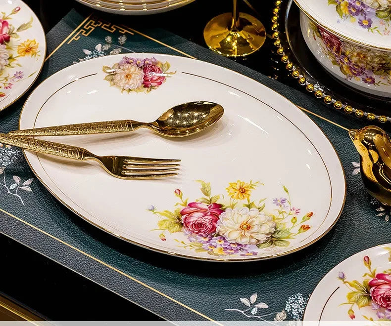 60pcs European Style Dinnerware Sets Luxury Bone China Tableware Sets Bowl Spoon Dinner Plate Set Kitchen Utensils Dinner Set