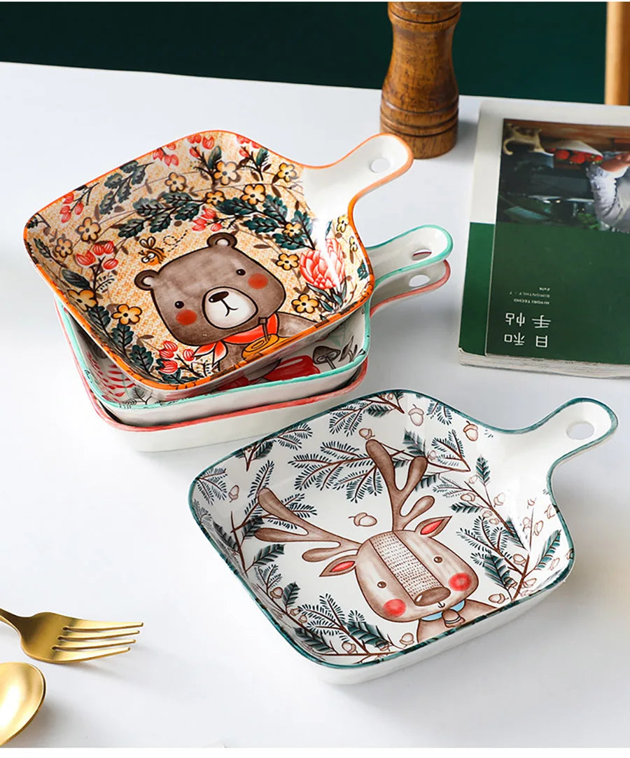 Ceramic Bakeware With Handle Forest Animals Baking Pan Underglaze Kitchen Tableware Salad Bowl Au Gratin Dishes