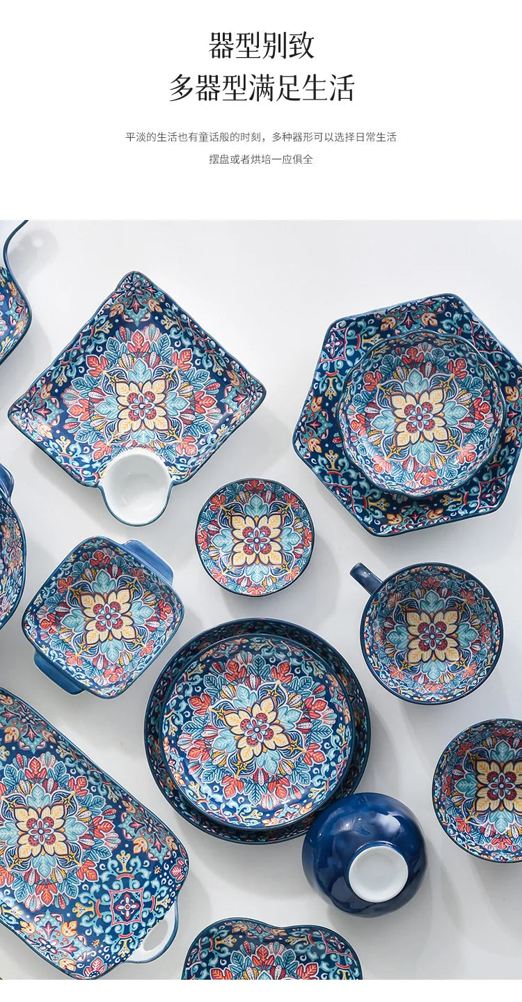 Baroque dish set Creative ceramic tableware Rice rice bowl soup noodles large bowl Household handle bowl Fish plate dish