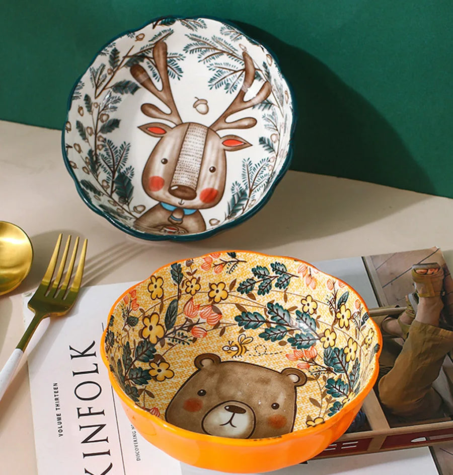 Ceramic Bakeware With Handle Forest Animals Baking Pan Underglaze Kitchen Tableware Salad Bowl Au Gratin Dishes