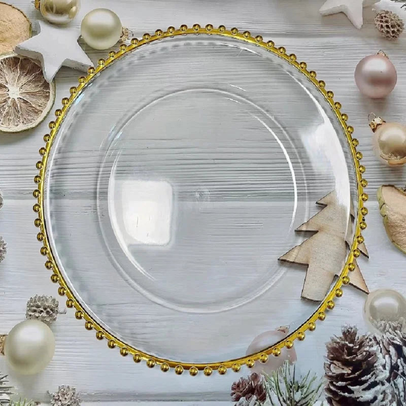 1pcs Premium Clear Plastic Charger Plates with Gold Beads Rim, Decorative Service Plate for Party, Wedding and Events