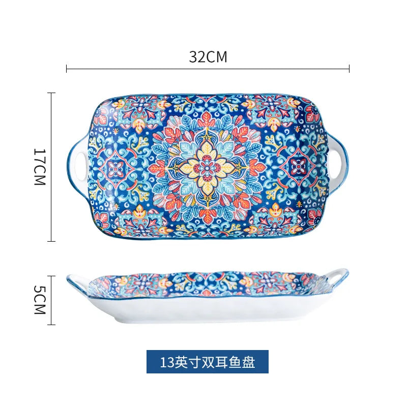 Baroque dish set Creative ceramic tableware Rice rice bowl soup noodles large bowl Household handle bowl Fish plate dish