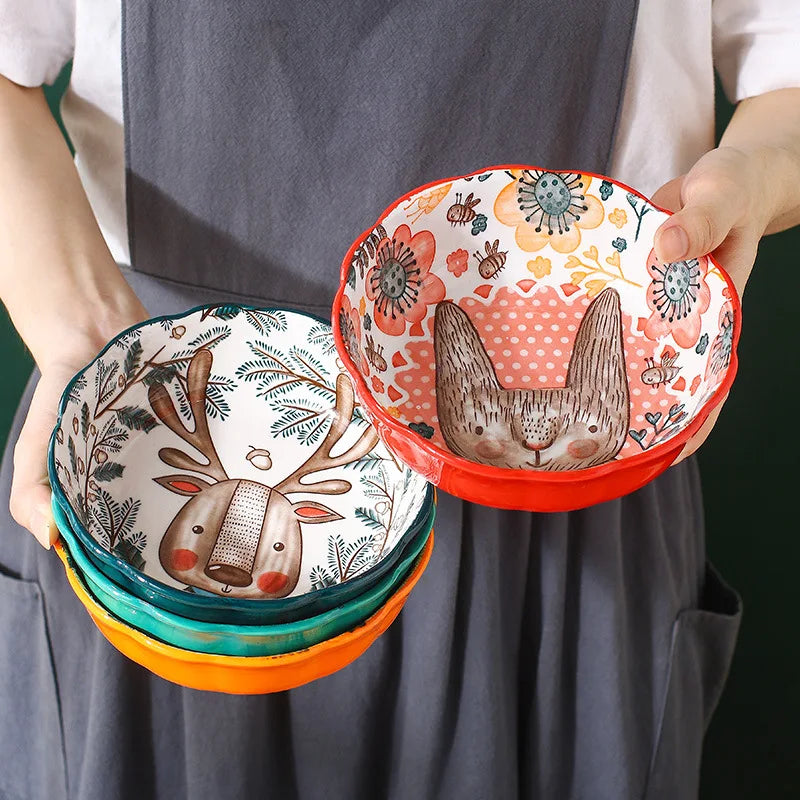 Ceramic Bakeware With Handle Forest Animals Baking Pan Underglaze Kitchen Tableware Salad Bowl Au Gratin Dishes