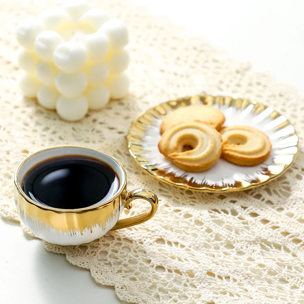 6 Sets, Ceramic Cups With Saucers, Espresso Cups and Saucers, Porcelain Coffee Cup and Saucer Set with Gold Trim, 2.5 oz Demitas