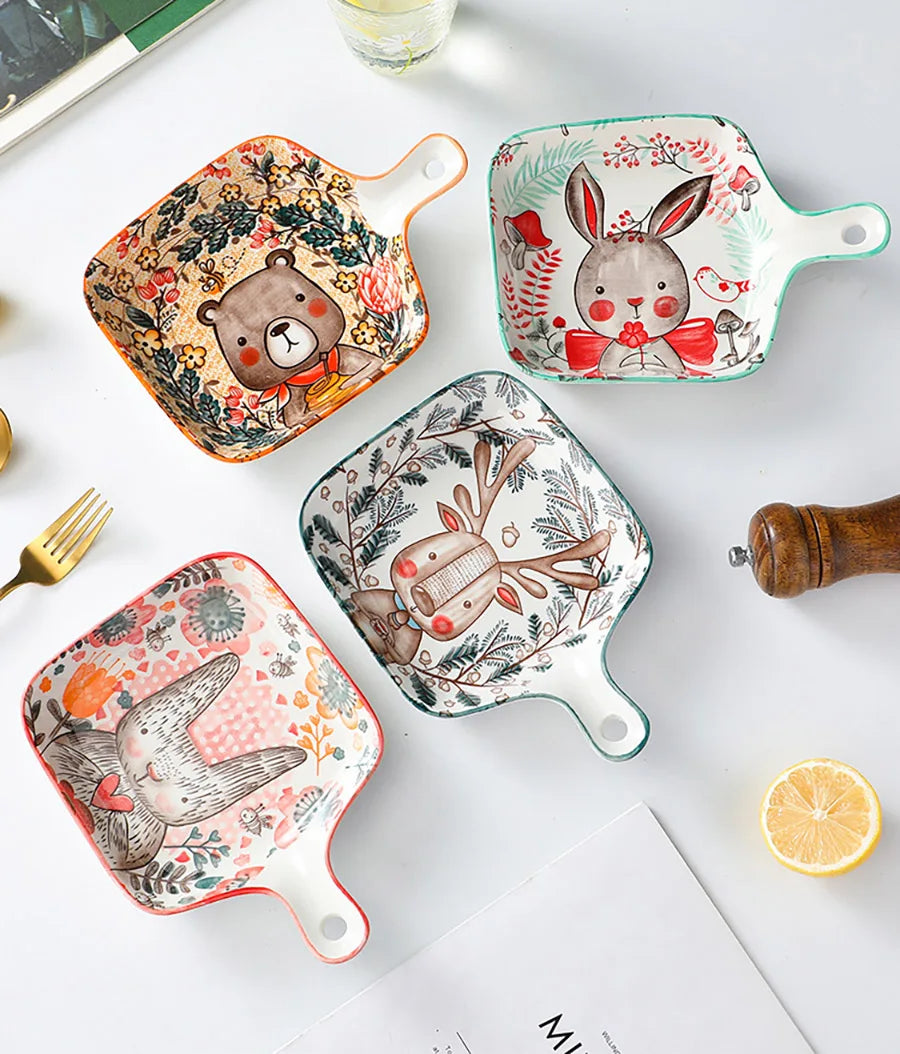 Ceramic Bakeware With Handle Forest Animals Baking Pan Underglaze Kitchen Tableware Salad Bowl Au Gratin Dishes