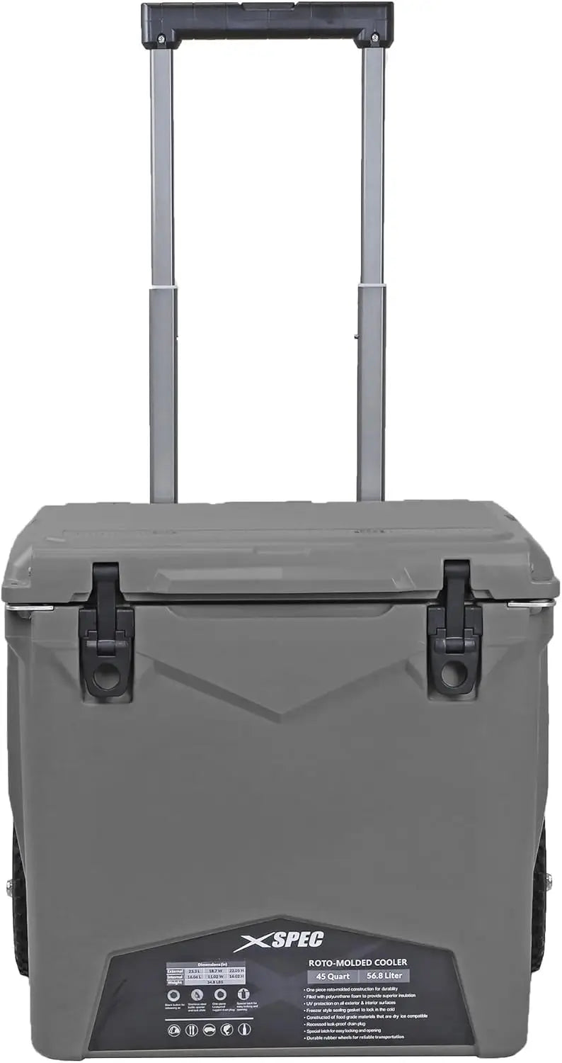 45 Quart Towable Roto Molded Ice Chest Outdoor Camping Cooler with Wheels | Pro Tough Durable Outdoor Camping Fishing Ice Chest