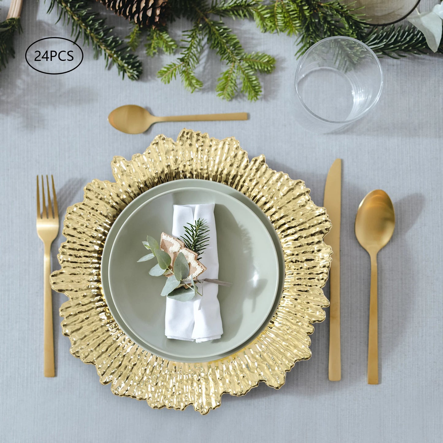 24 Pack Charger Plates, 13" Round Plastic Reef Plate Chargers with Flora Reef Design for Wedding Dinner Party Decoration