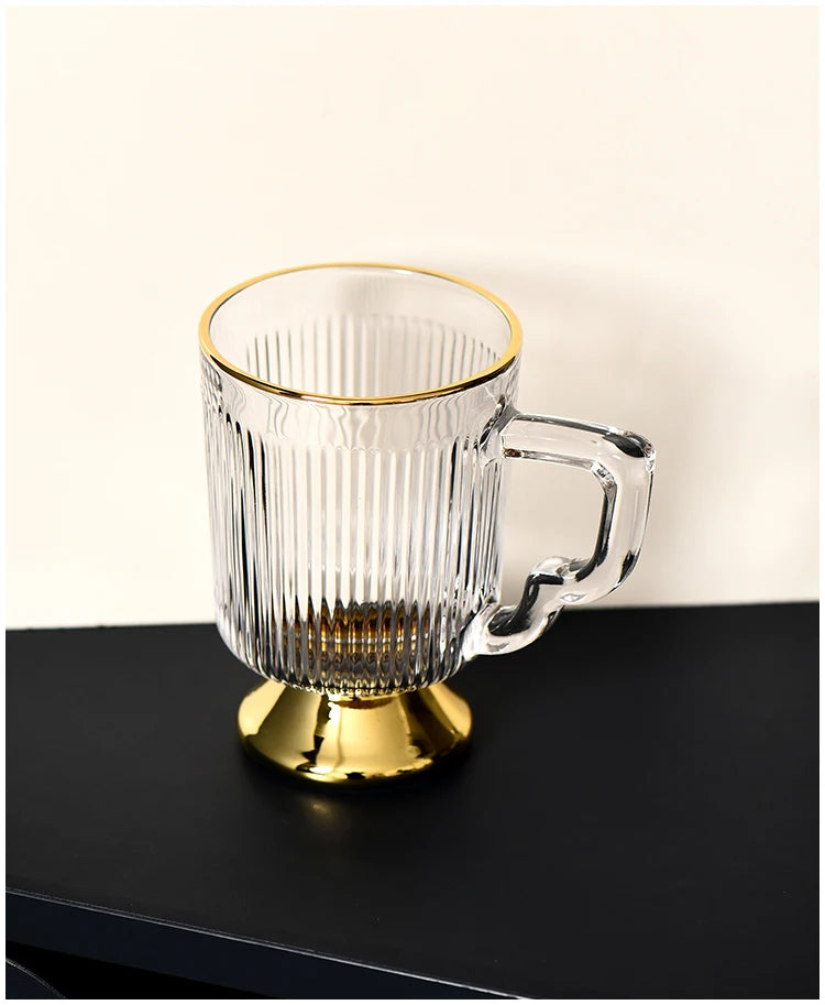 Gold Rimmed Tall Glass with Handle, Tall Beer Drinking Glass with Handle, Kitchen Bar, Barware, Drinkware Set, Light, Luxury