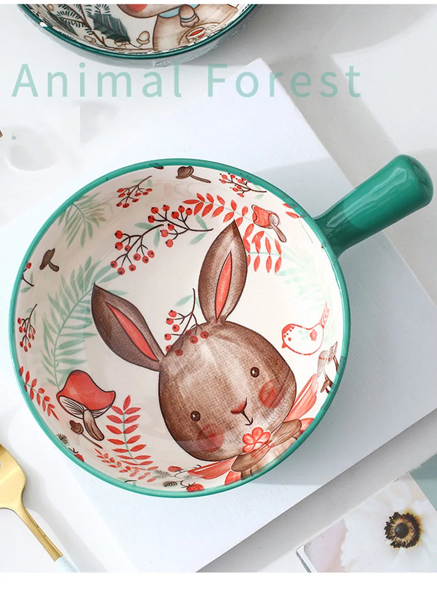 YWDL 500ml Round Ceramic Bakeware With Handle Forest Animals Baking Pan Underglaze Kitchen Tableware Salad Bowl Au Gratin Pasta