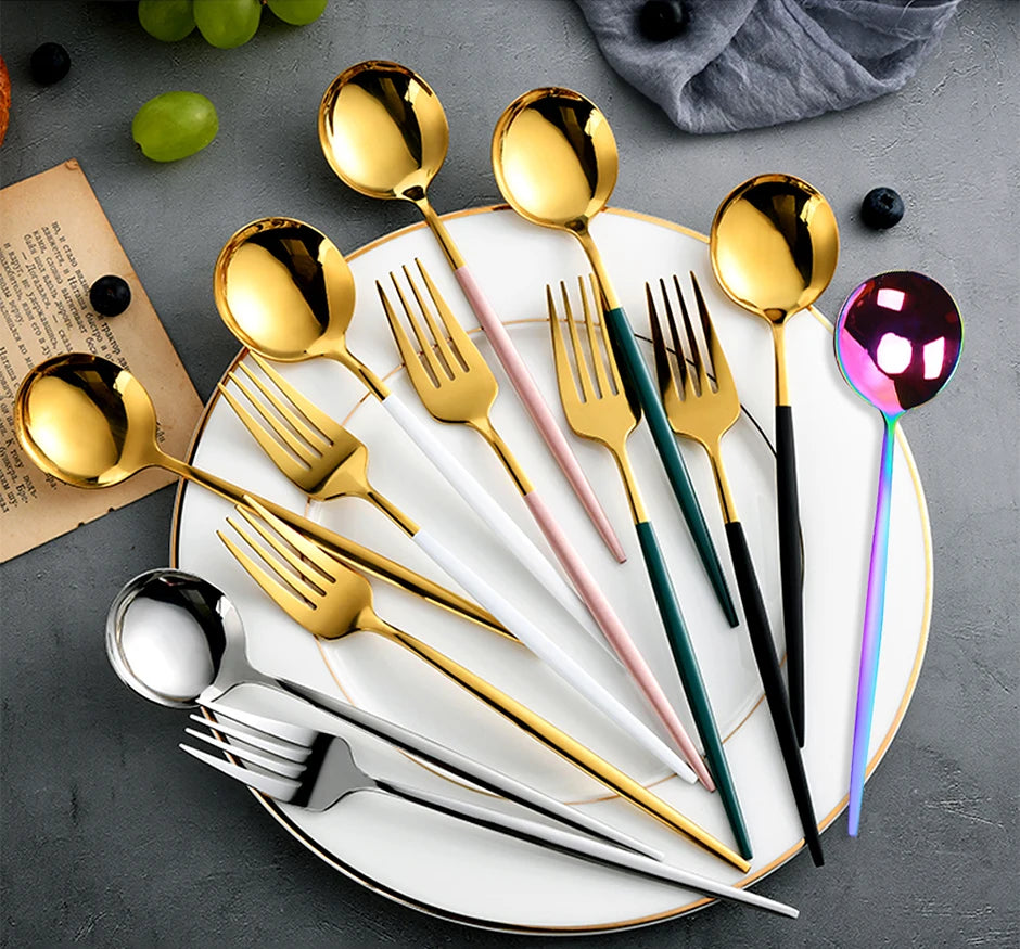 24Pcs Stainless Steel Dinnerware Set Black Gold Cutlery Spoon Fork Knife Western Cutleri Silverware Flatware Tableware Supplies