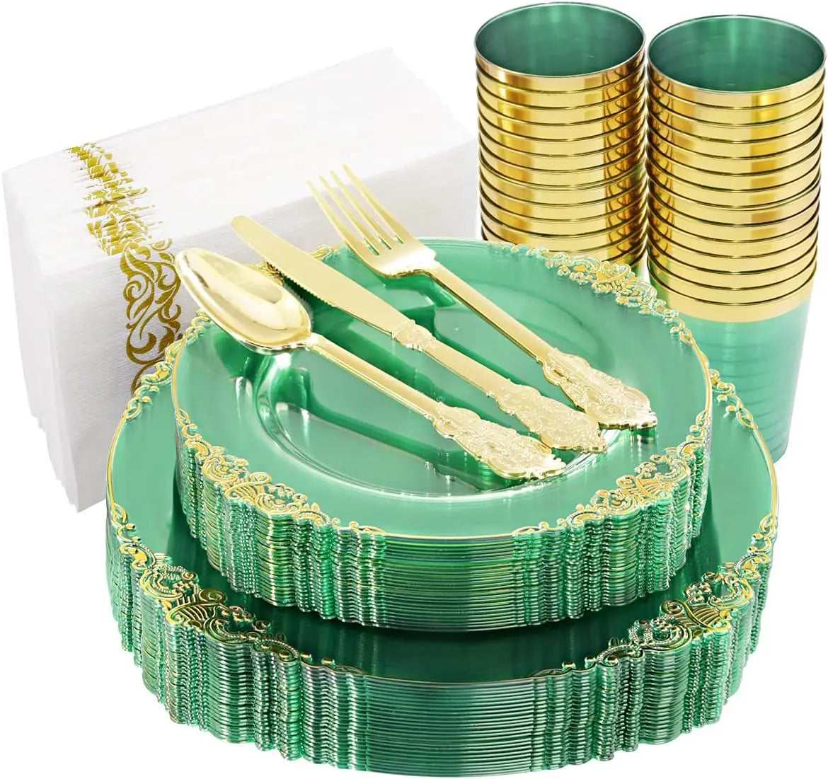 350pcs Plastic Plates - Gold Plastic Dinnerware Set Includes: 50 10.25”Dinner Plates,50 7.5” Dessert Plate, 50 Cups, 50 Napkin