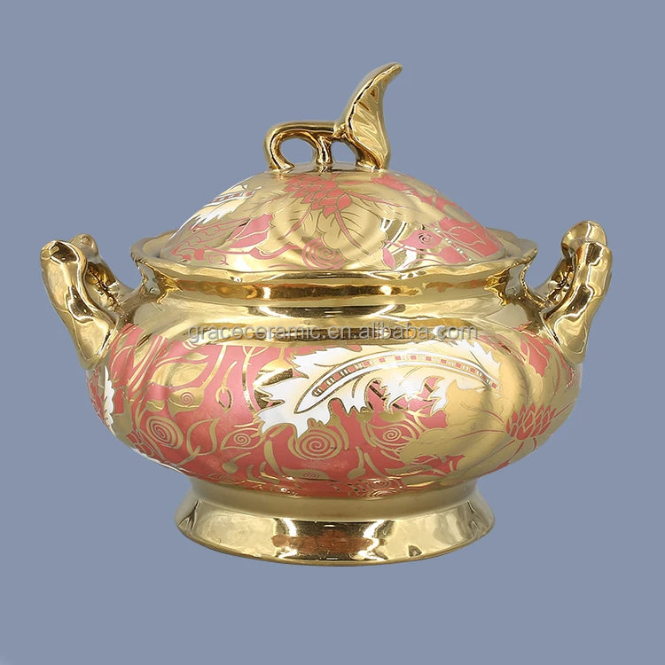 Kitchen Dinner Sets Plates Gold Plated Flower Full Desgin Fine Porcelain Ceramic Bone China Dinner Set for 6 Person