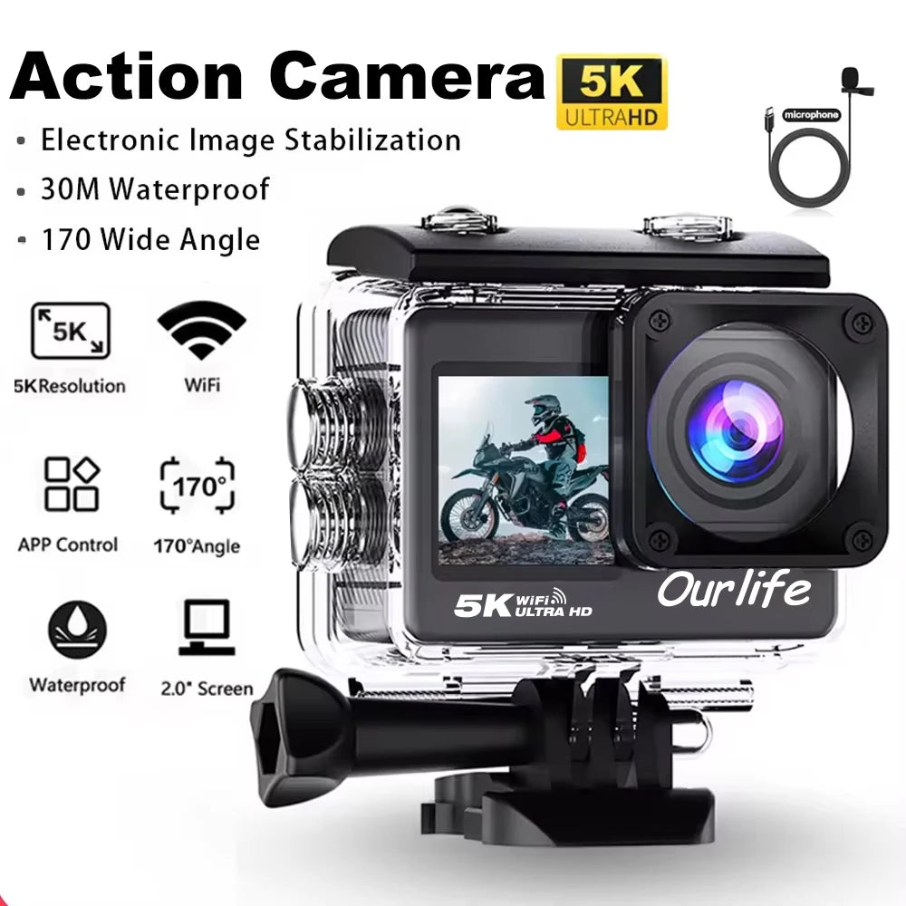 Action Camera 5K 4K60FPS EIS Wi-Fi Dual Screen 170D 2.0 Inch Touch Screen 30M Waterproof Sport Camera With Remote Control