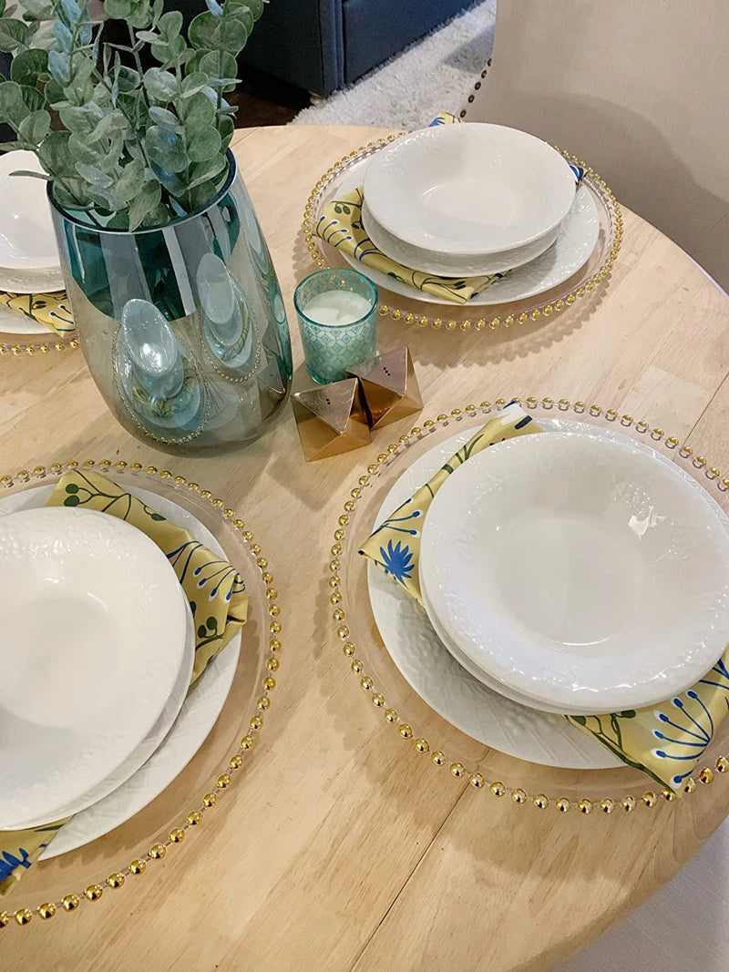 1pcs Premium Clear Plastic Charger Plates with Gold Beads Rim, Decorative Service Plate for Party, Wedding and Events