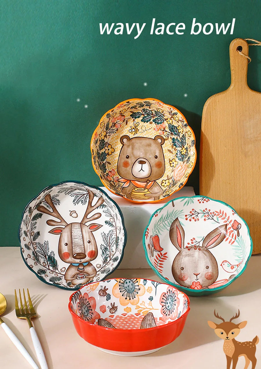 Ceramic Bakeware With Handle Forest Animals Baking Pan Underglaze Kitchen Tableware Salad Bowl Au Gratin Dishes