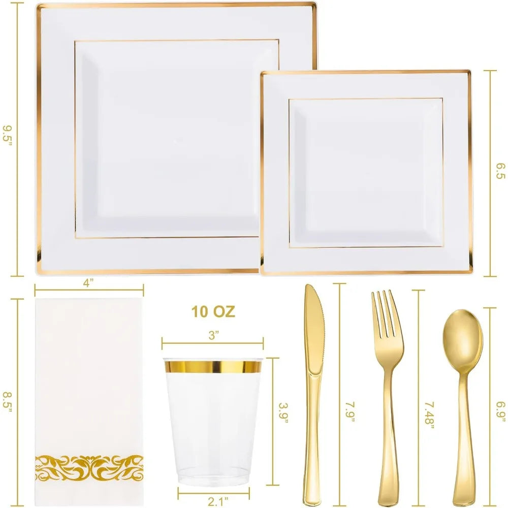 50 Guest Gold Dinnerware Set-100 White Square Plastic Plates with Gold Rim, 50 Gold Plastic forks &Spoons &Knives &Cups &Napkins