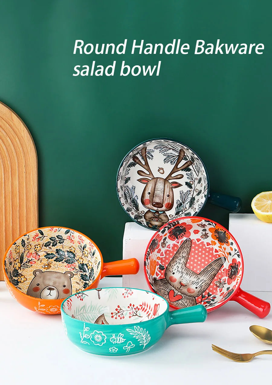 Ceramic Bakeware With Handle Forest Animals Baking Pan Underglaze Kitchen Tableware Salad Bowl Au Gratin Dishes